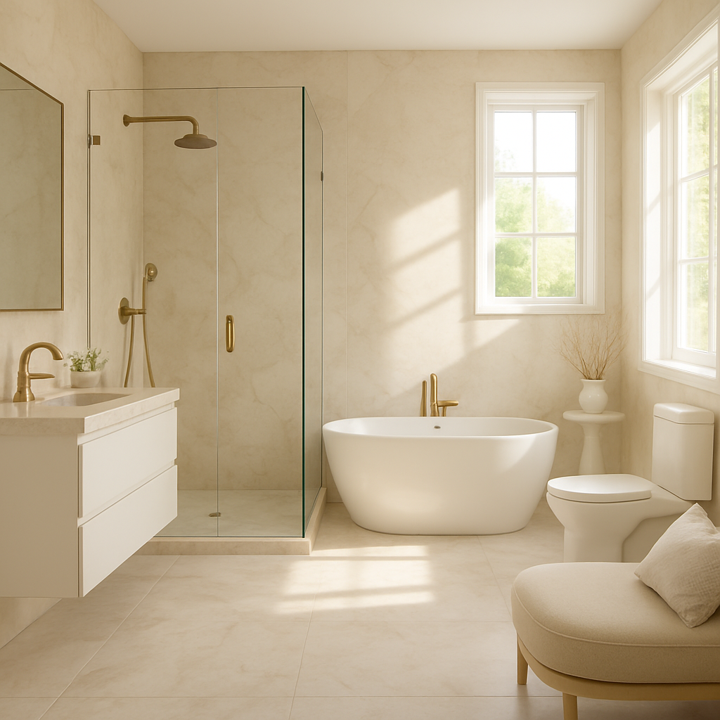 Luxuriöses Badezimmer mit freistehender Badewanne und goldenen Armaturen