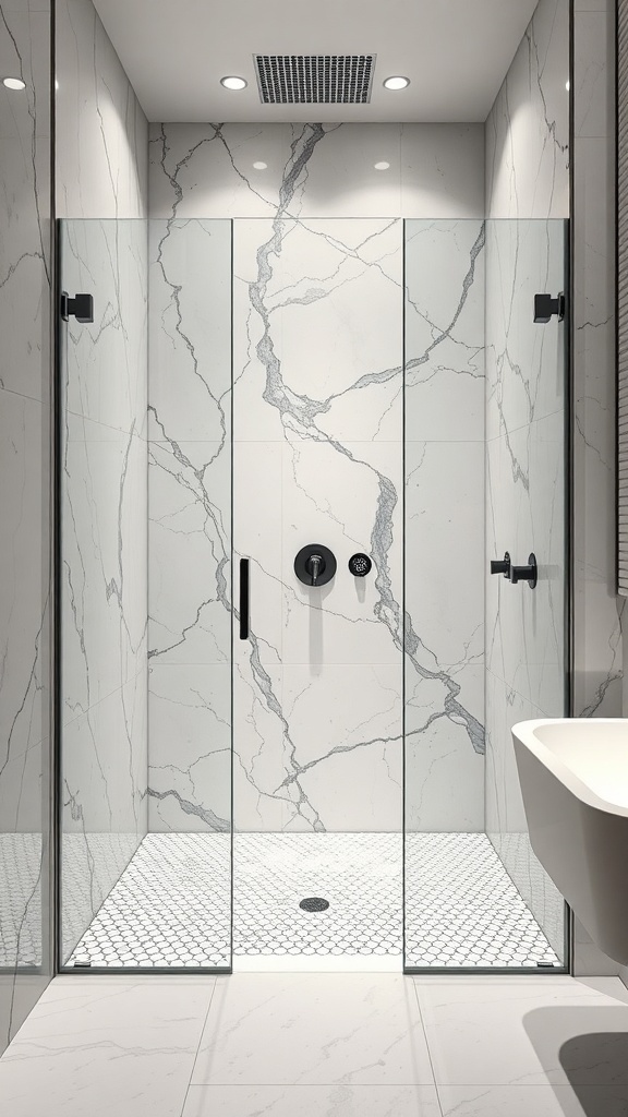 Moderne Walk-In-Dusche mit Marmor und Glaswänden