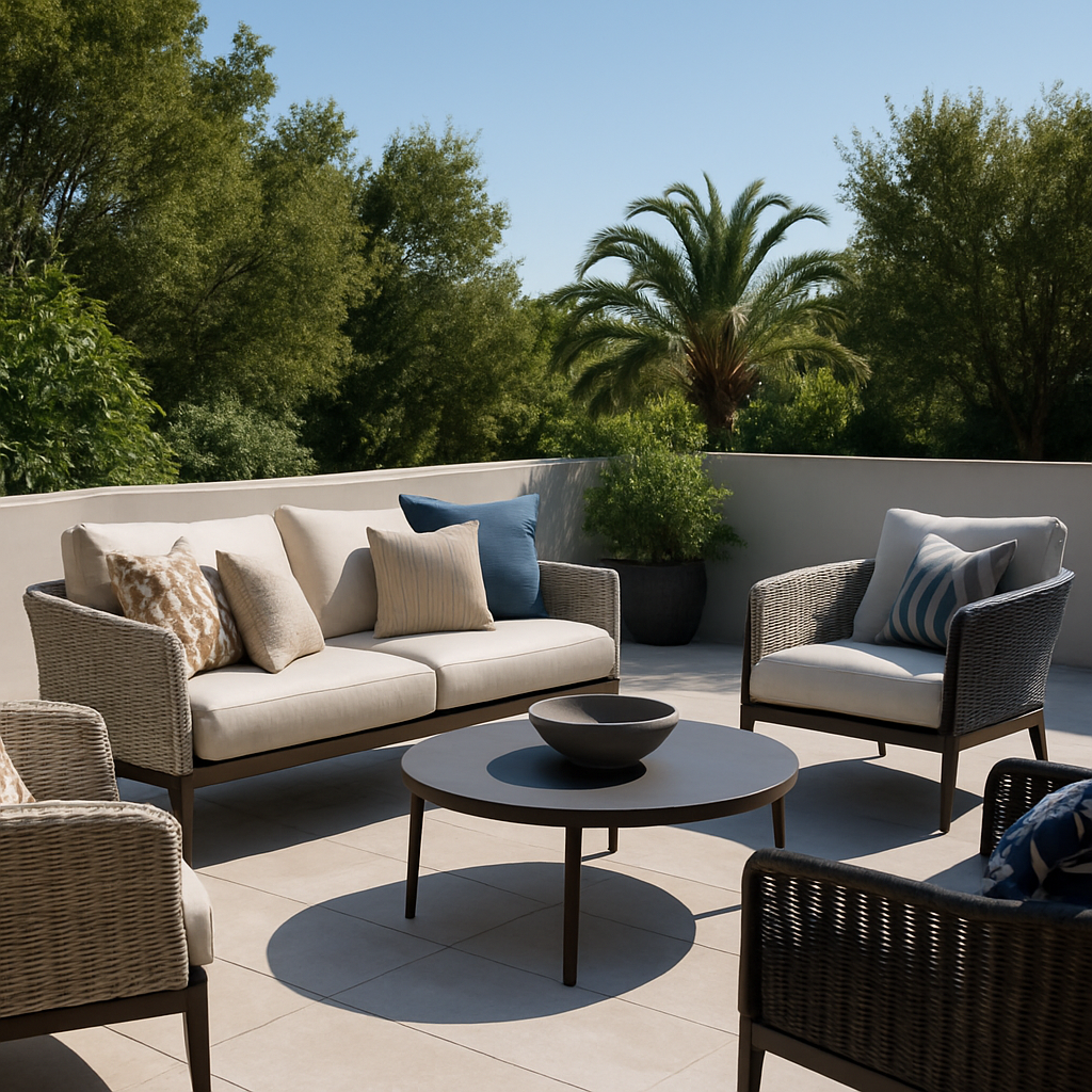 Moderne Terrasse mit bequemen Outdoor-Möbeln und Blick auf die Landschaft
