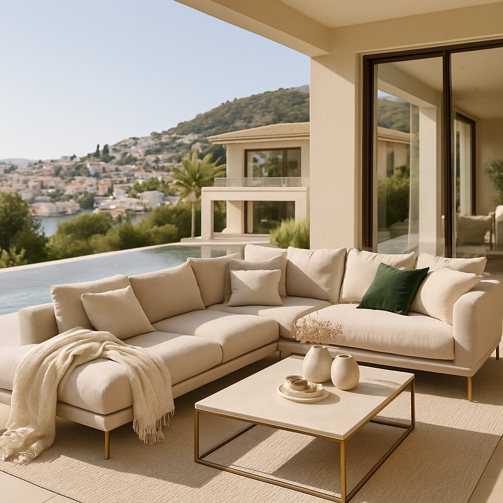 Eine stilvolle Outdoor-Lounge mit einem bequemen Sofa und einem modernen Couchtisch, umgeben von einer schönen Landschaft.