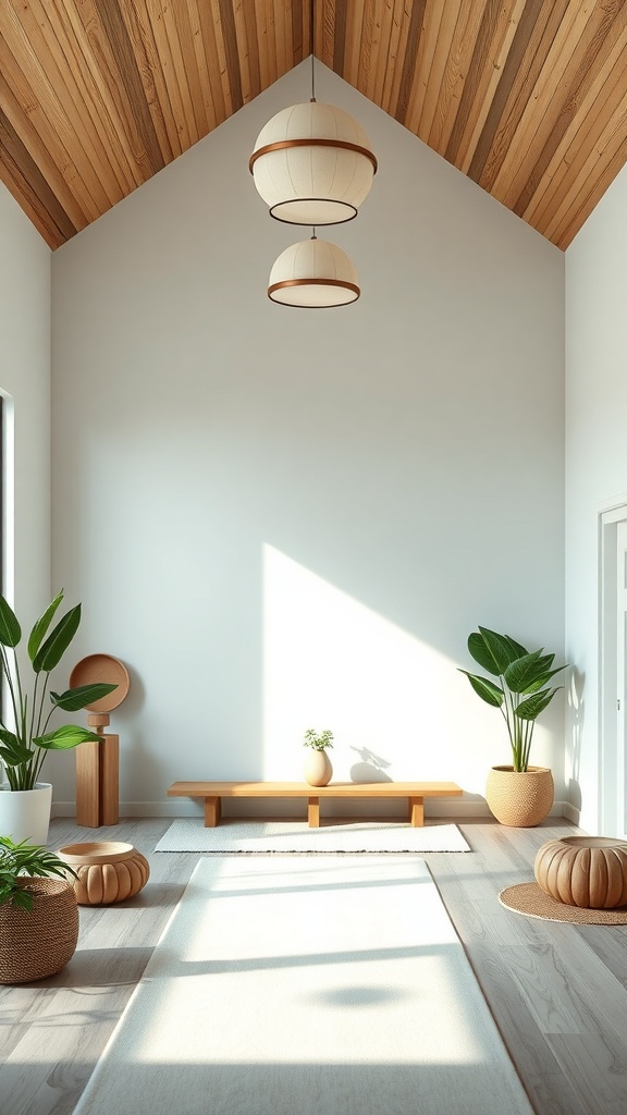 A serene interior space with wooden ceiling, plants, and minimalist decor promoting wellness.