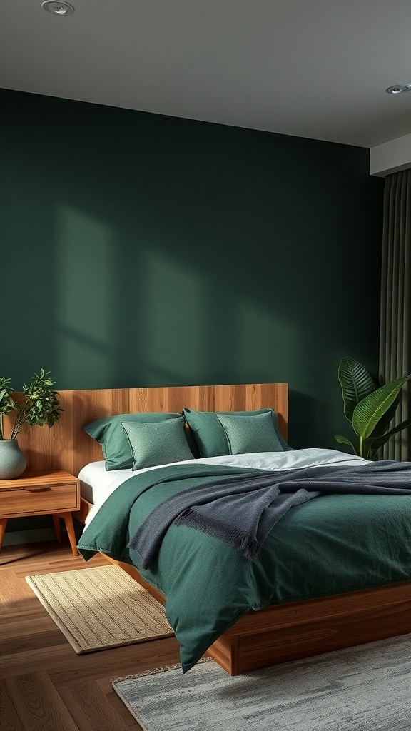 Ein stilvolles Schlafzimmer mit dunkler grüner Wandfarbe, Holzbetten und grünen Bettwaren.