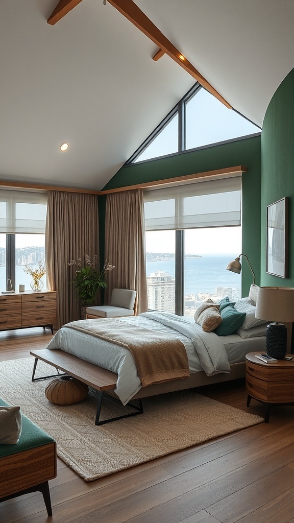 Ein modernes Schlafzimmer mit Holz- und Metallakzenten, dunkelgrünen Wänden und großen Fenstern mit Meerblick.