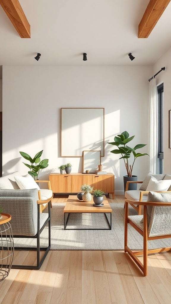 Ein moderner Wohnraum mit Holz- und Metallmöbeln in Erdtönen, Pflanzen und sanfter Beleuchtung.