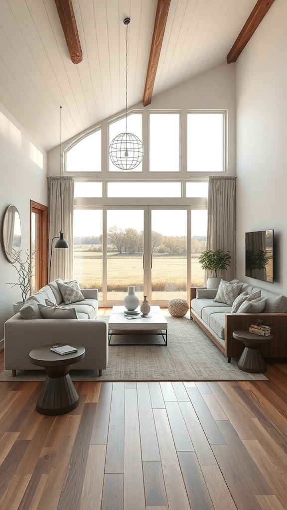 Modernes Wohnzimmer mit Holz- und Metallelementen, großen Fenstern und gemütlicher Einrichtung