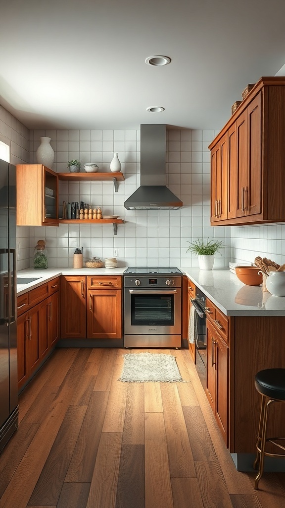 Eine moderne Küche mit Holz- und Metallkombinationen, die Gemütlichkeit ausstrahlt.