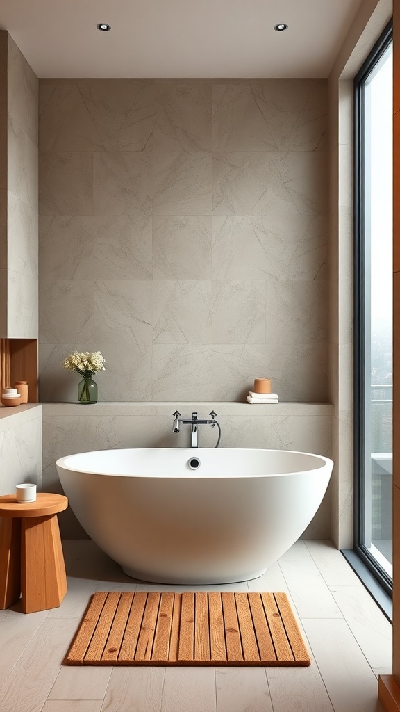 Luxuriöses Badezimmer mit Holz-Elementen und runder Badewanne