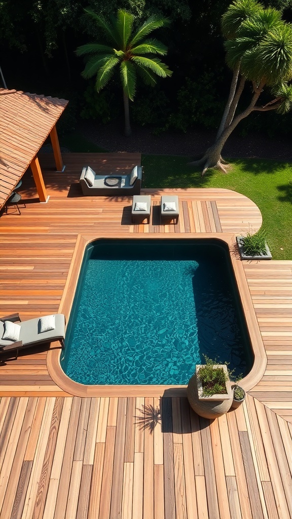 Ein modernes Holzdeck um einen Swimmingpool mit Liegen und Blick auf die Natur.