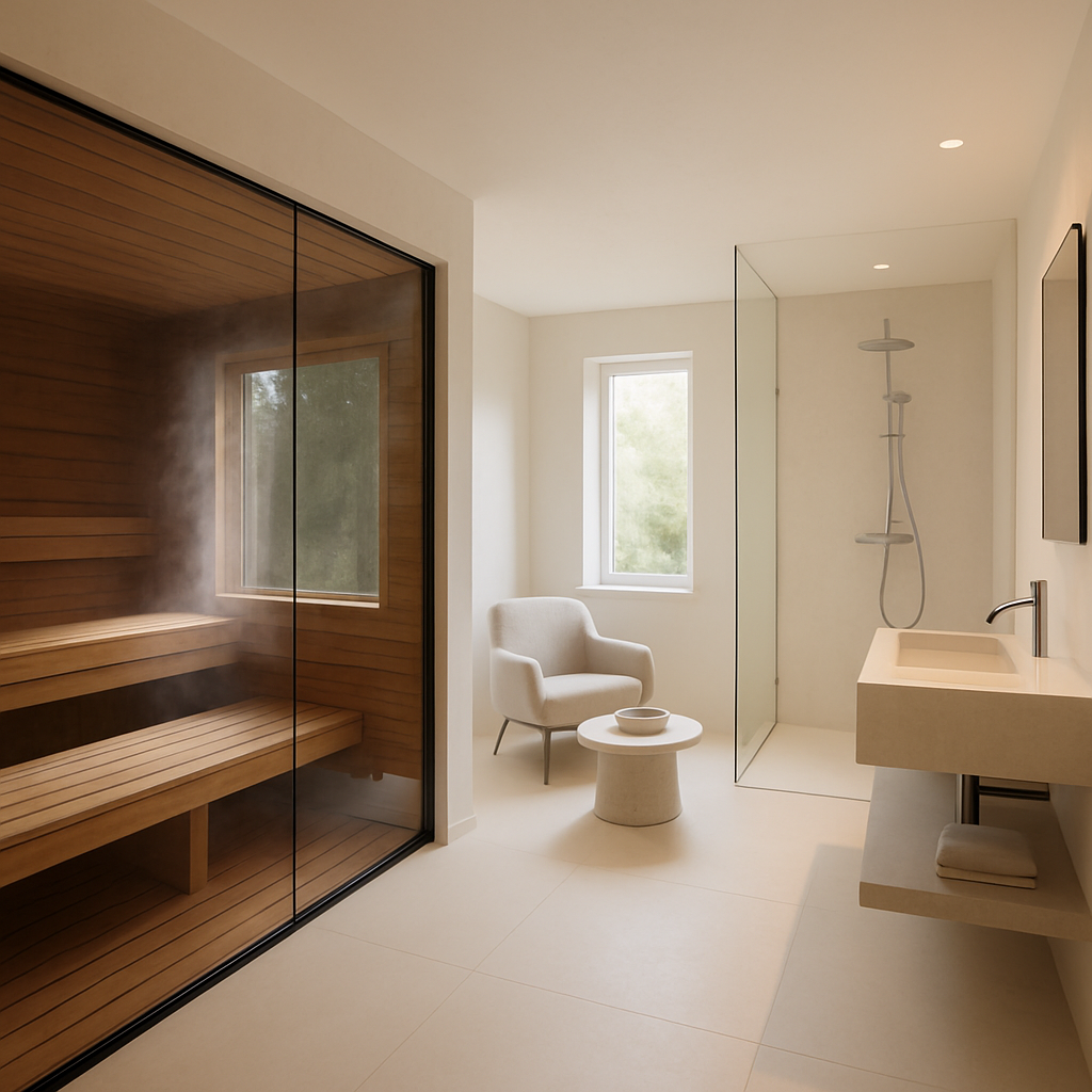 Moderne Holzofen-Sauna mit großen Fenstern und einem gemütlichen Ambiente