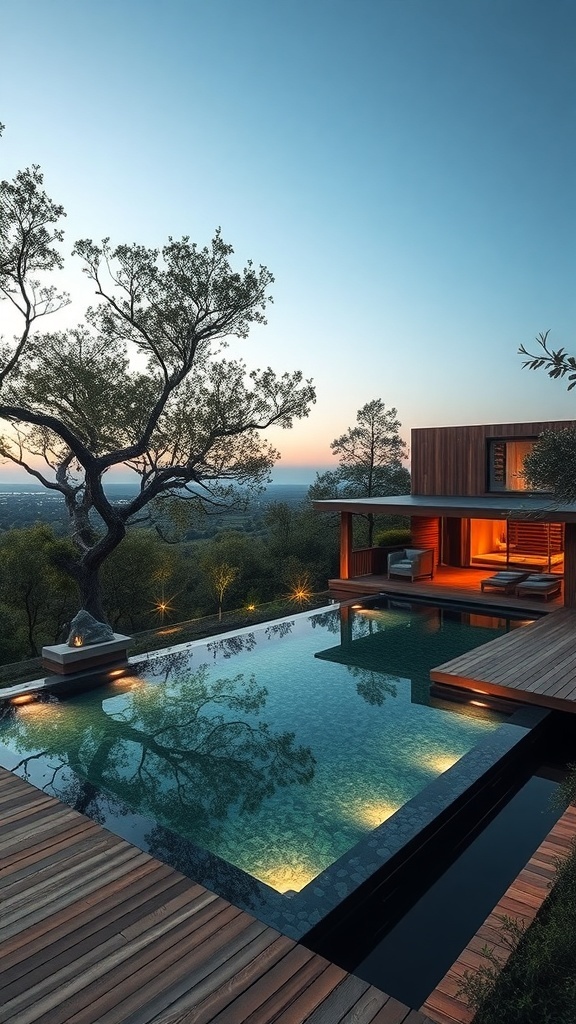 Holzverkleideter Naturpool mit Terrasse und Bäumen im Hintergrund