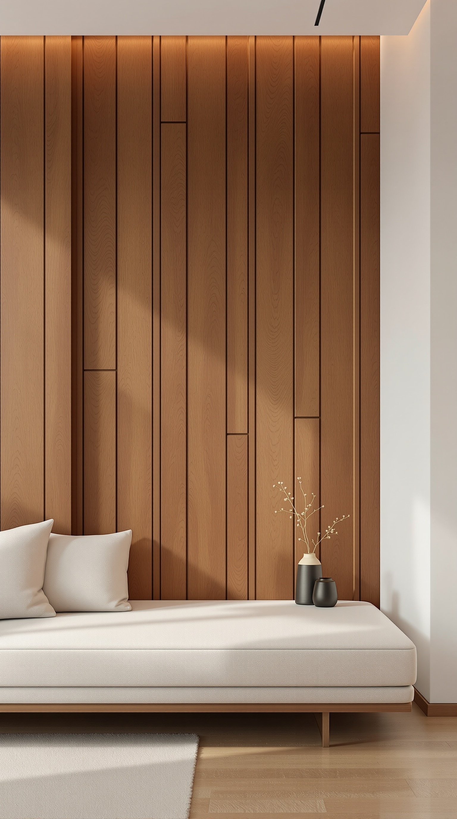 Ein modernes Wohnzimmer mit Holzverkleidungen, großen Fenstern und stilvollen Möbeln.