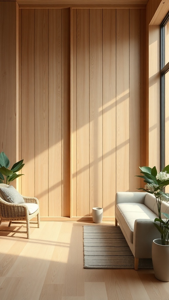 Ein heller Raum mit Holzverkleidungen, einem Sessel, einem Sofa und Pflanzen.