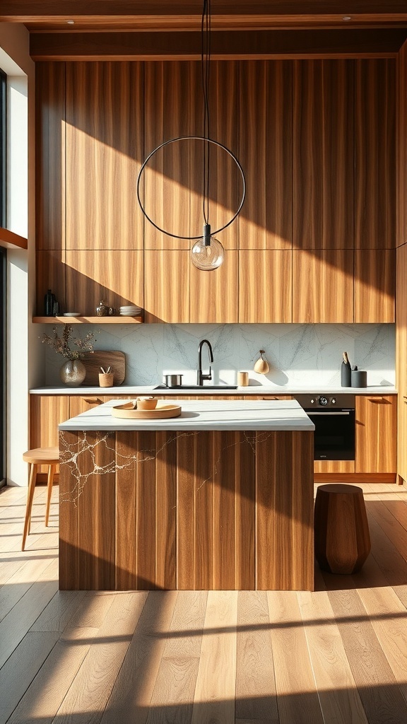 Moderne Kücheninsel mit Holzverkleidung und hellen Oberflächen