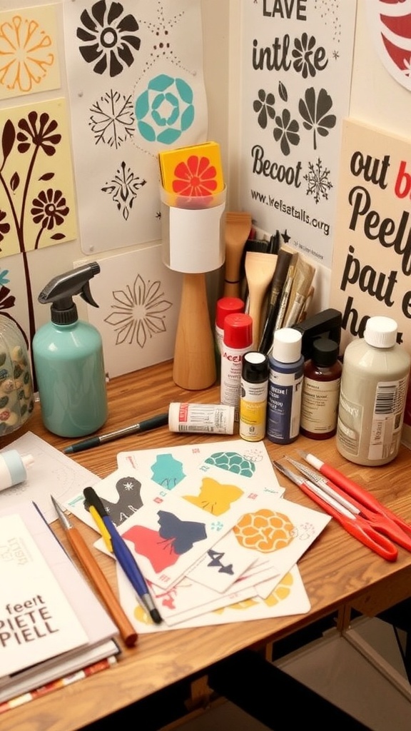 A variety of home decor tools including markers, paints, and printed materials on a workspace.