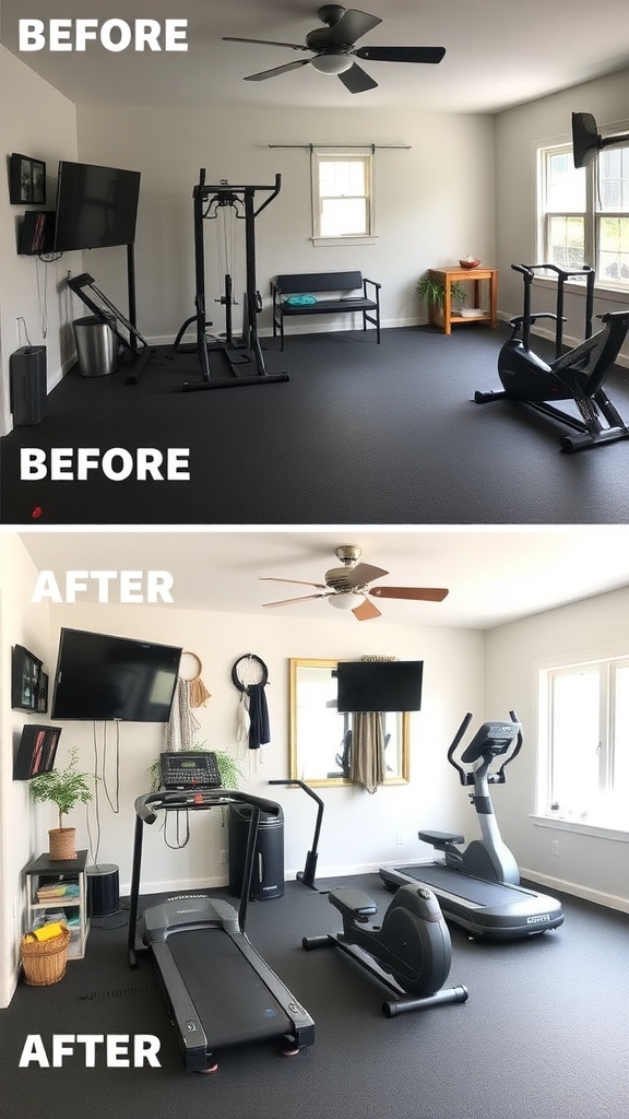 Before and after images of a home gym makeover, showing a cluttered space transformed into a bright and organized workout area.