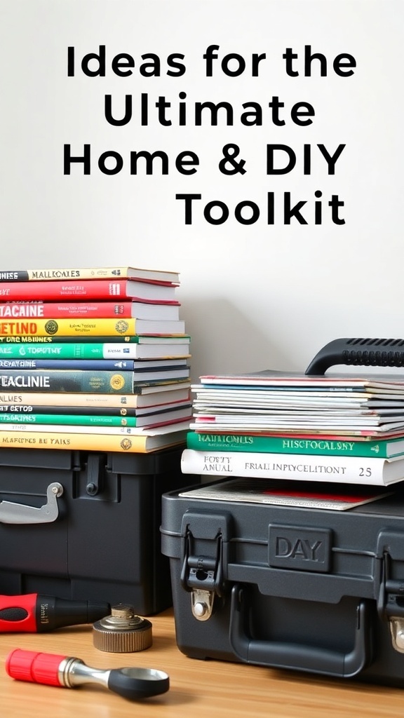A collection of home improvement books next to toolboxes, showcasing resources for DIY enthusiasts.