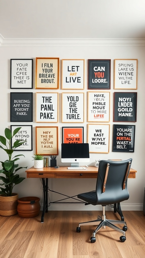 Gallery wall with framed quotes in a home office setting.