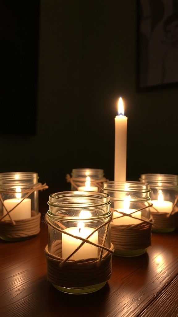 Homemade candle holders made from glass jars with candles inside, decorated with twine.