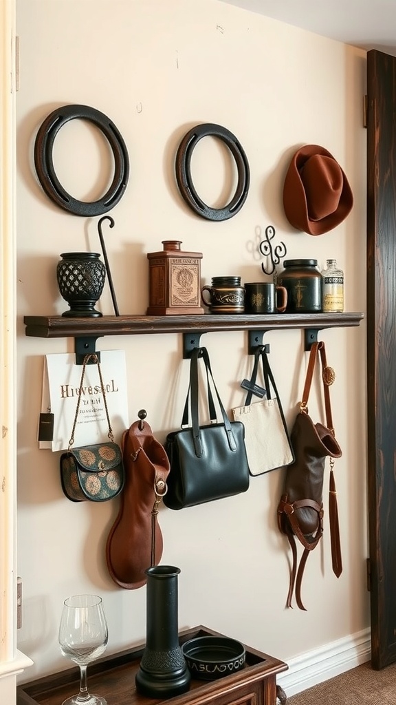 A wall with horseshoe wall hooks displaying various bags and accessories.