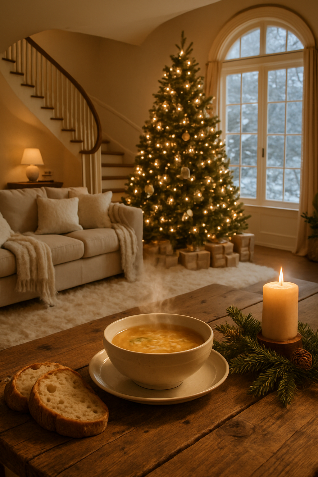 A cozy winter setup featuring a bowl of steaming soup, slices of bread, a candle, and a Christmas tree in the background.