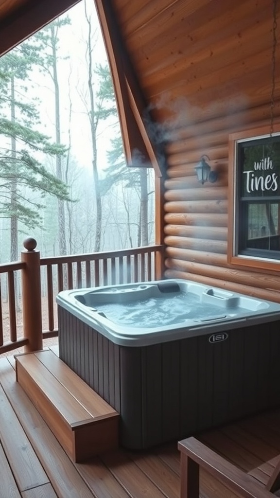 A hot tub on a wooden deck of a cabin surrounded by trees