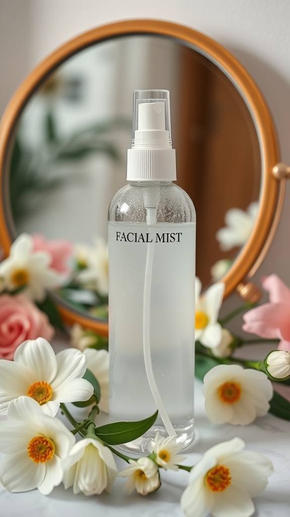 A bottle of facial mist surrounded by flowers and a mirror.