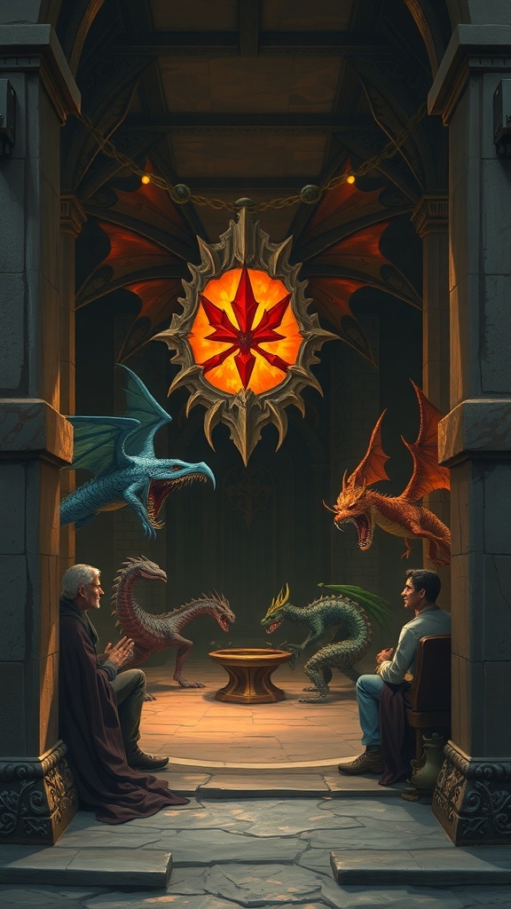 Two figures seated across from each other with colorful dragons surrounding them in a mystical setting.