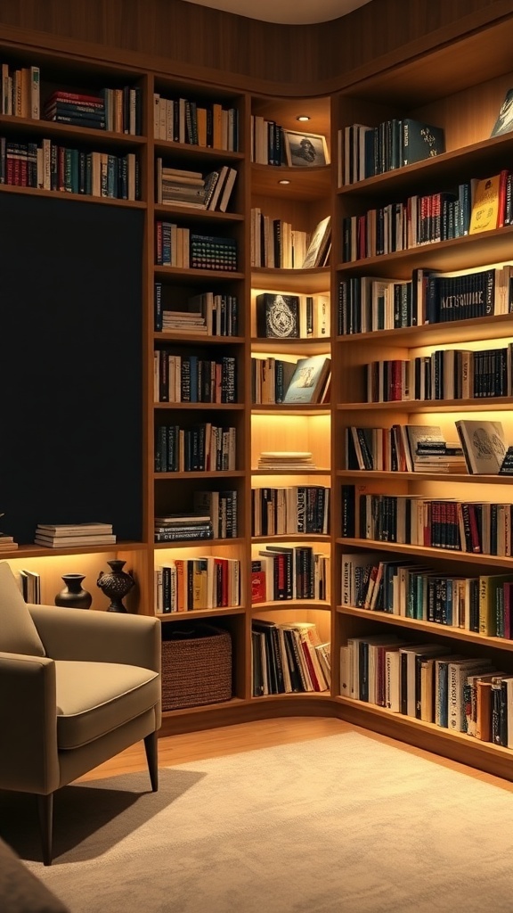 A cozy corner with illuminated bookshelves filled with books and a comfortable chair.