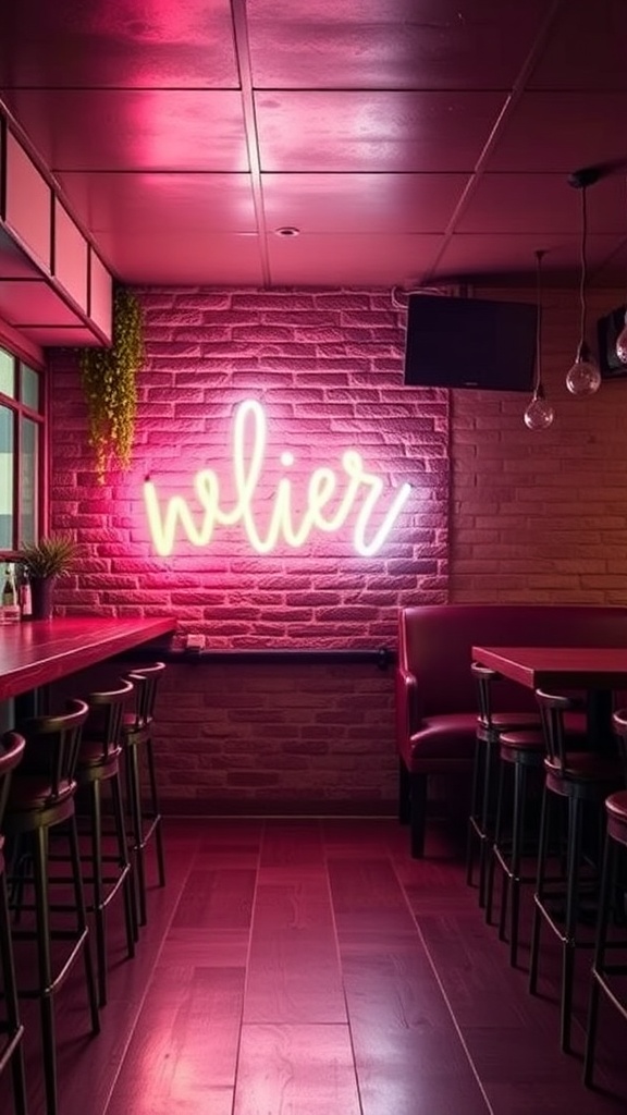 A neon sign glowing in pink against a brick wall in a cozy setting.