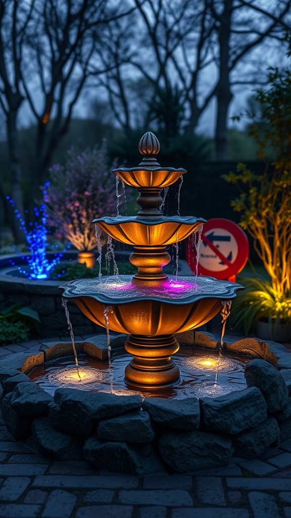A beautifully illuminated fountain at night, showcasing multiple tiers and colorful lights, surrounded by softly lit plants.