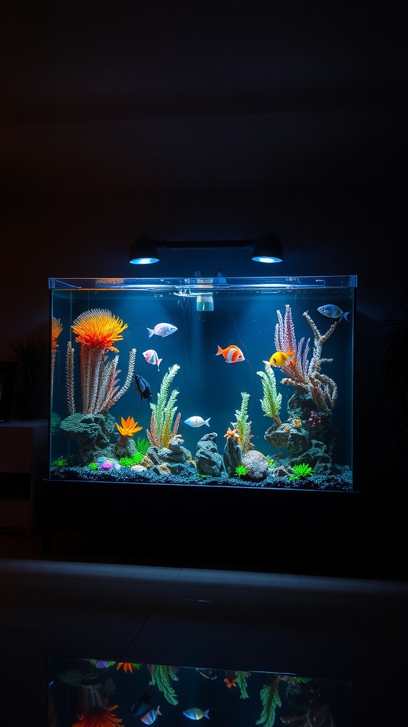 A beautifully illuminated aquarium showcasing colorful fish and plants in a dark setting.