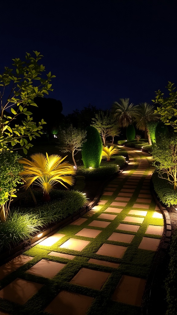 A beautifully illuminated pathway surrounded by greenery at night.