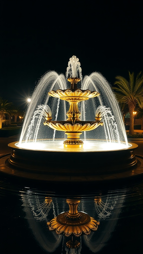 A beautifully illuminated fountain at night with cascading water and palm trees in the background.