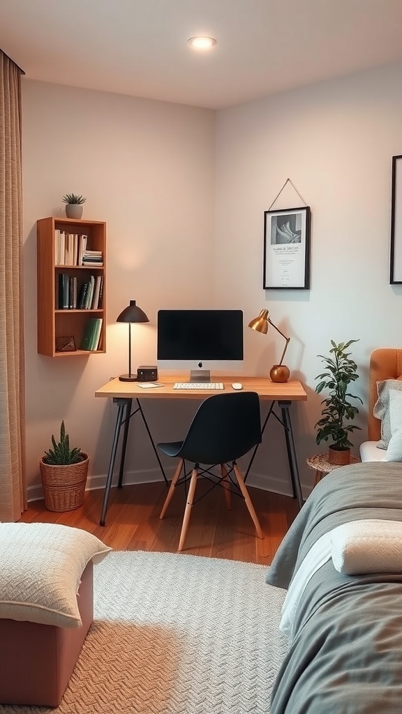 A small bedroom featuring a foldable desk, a bed with a cozy blanket, and a plant by the window.