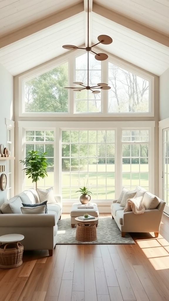 Bright and airy living room with large farmhouse-style windows, modern furniture, and natural light.