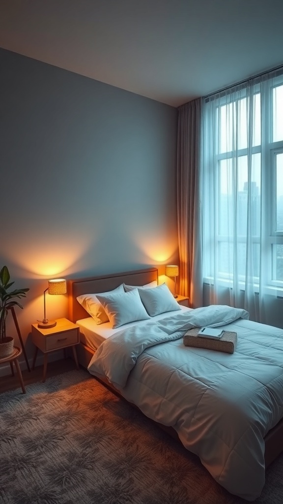 Cozy small bedroom with warm lighting and sheer curtains