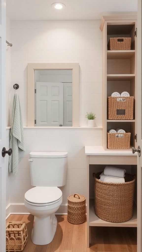 A minimalist cottage bathroom featuring smart storage solutions with woven baskets and open shelving.