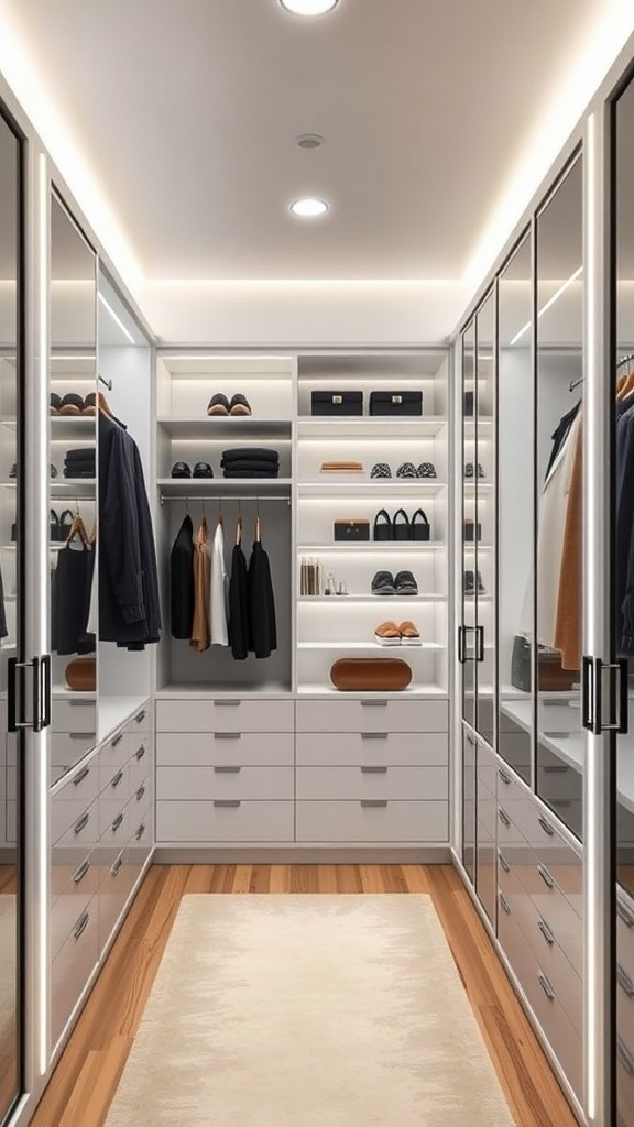 A modern walk-in closet featuring organized clothing, accessories, and smart technology elements.