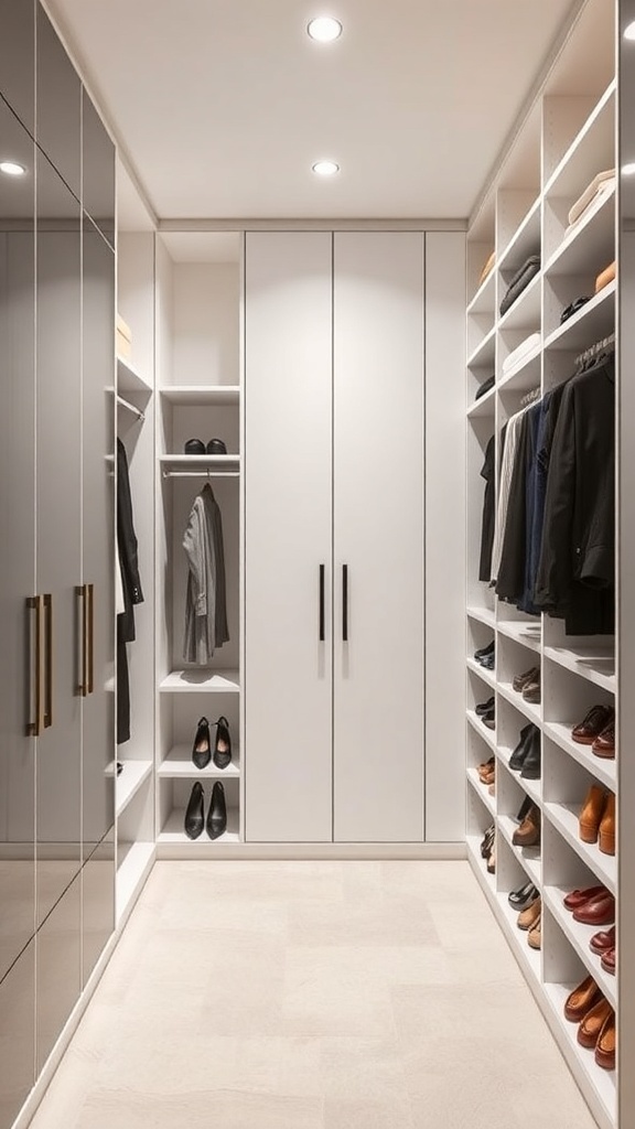 A modern small walk-in closet featuring in-wall shoe cabinets and sleek white cabinetry.