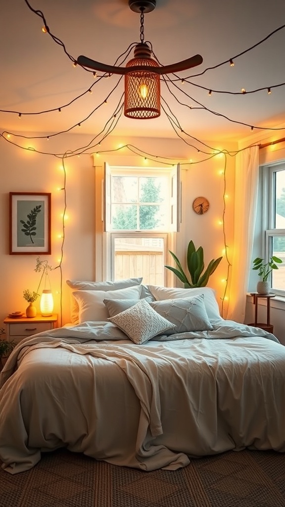 A cozy bedroom with warm string lights and a ceiling fan light, featuring a neatly made bed and plants.