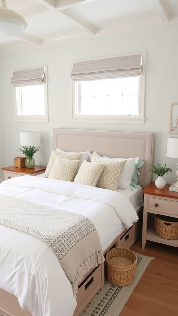 A cozy bedroom featuring a bed with built-in storage drawers, decorative pillows, and woven baskets for storage.