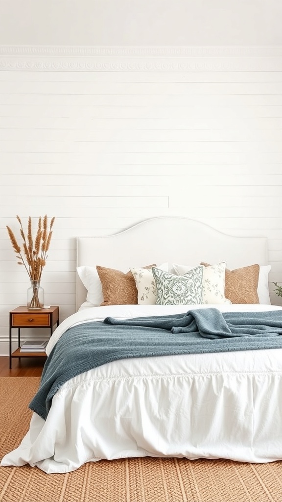 A cozy bedroom featuring a textured shiplap wall, soft bedding, and decorative pillows.
