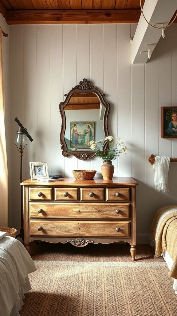A cozy bedroom corner featuring a vintage wooden dresser with a mirror, potted plant, and framed art.