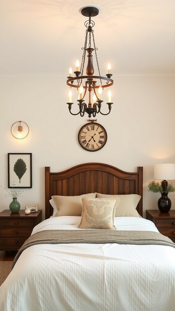 A cozy bedroom featuring a vintage chandelier, wooden bed frame, and warm decor.