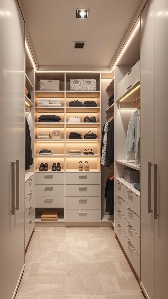A minimalist walk-in closet with organized shelves, drawers, and integrated lighting.
