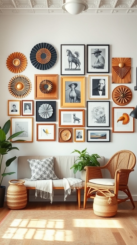 A gallery wall featuring a mix of framed art and 3D art pieces, showcasing various textures and colors.