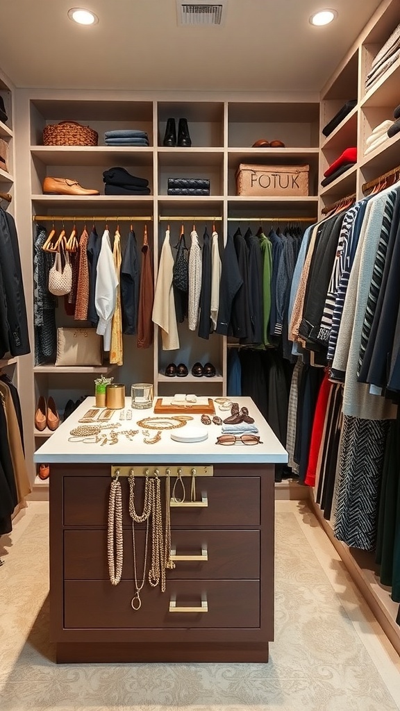 A walk-in closet featuring a center island with accessories displayed on top and organized clothing on shelves.