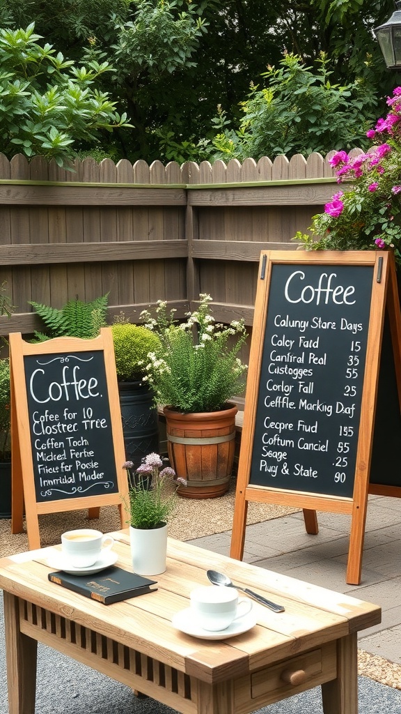 Chalkboard menu displaying coffee options in a cozy outdoor setting