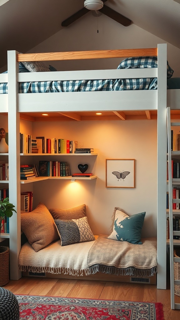 Cozy reading nook under a loft bed with cushions, bookshelves, and warm lighting