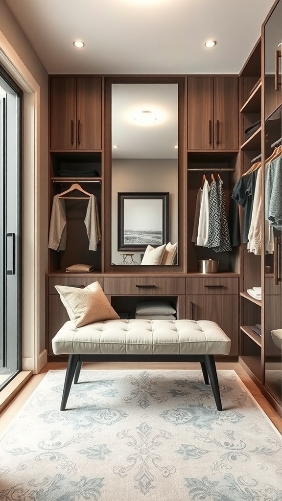 A modern dressing bench in a walk-in closet with organized clothes and a large mirror.